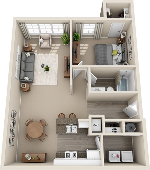 A 3D floor plan of a small apartment with a kitchen, living room, and bedroom.